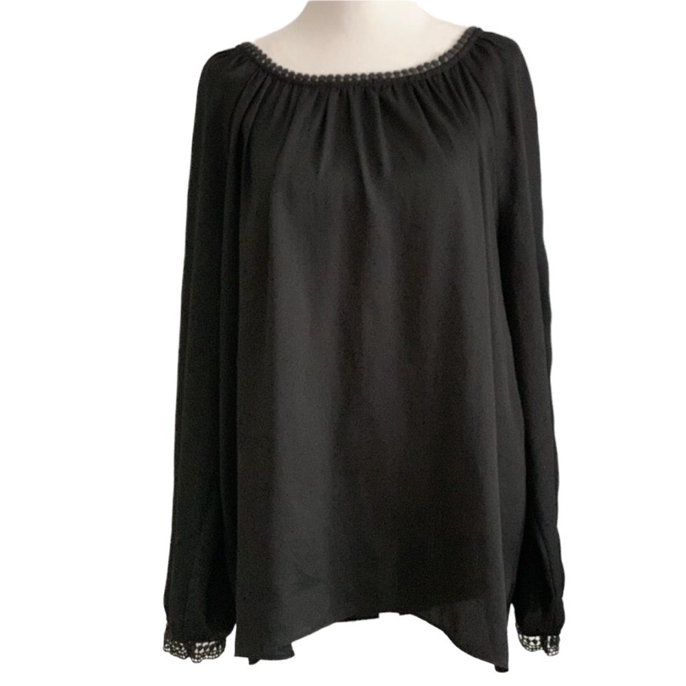 LOFT Women’s Black Long Lace Sleeve Ruffle Neck Blouse Shirt Top Size: XL